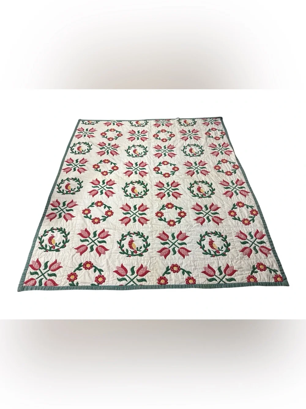 Vintage Handmade Appliqué Folk Art Quilt Tulips Birds Floral Wreath Full Queen